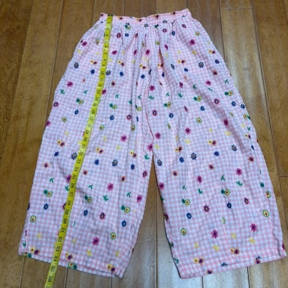 Womens Pink Gingham Floral Embroidered Wide Leg Pajama Pants *M Cottagecore Boho